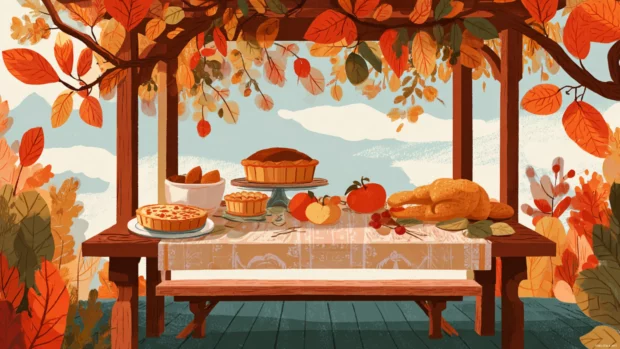 Thanksgiving table under a fall canopy of orange and red leaves with pies, roasted turkey, and fresh bread.