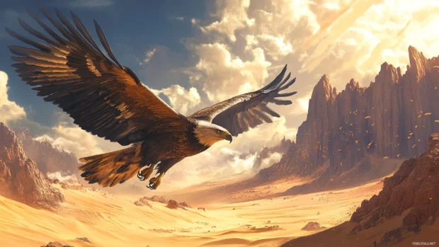 The Cool Eagle hovers in the wind above an endless desert.