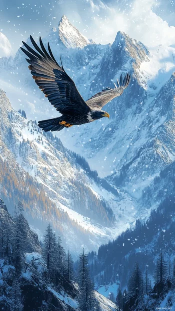 The Eagle rises above snow covered peaks into the early morning light.