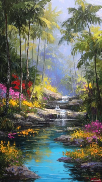 The Waterfall flows through a tropical paradise with palm trees and vivid wildflowers lining the stream.