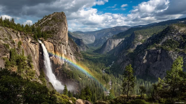 The Waterfall glistens under a bright rainbow stretching across the horizon in a mountain landscape.