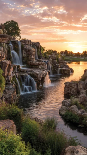 The Waterfall glows softly at sunset, with orange skies and tranquil ripples below.