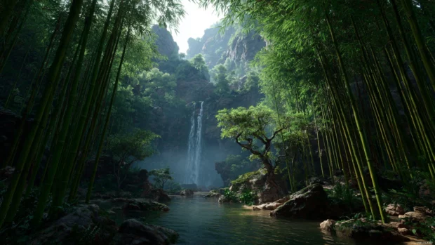 The Waterfall pours from a hidden cliff surrounded by tall bamboo and soft morning light captured in vivid 4K.