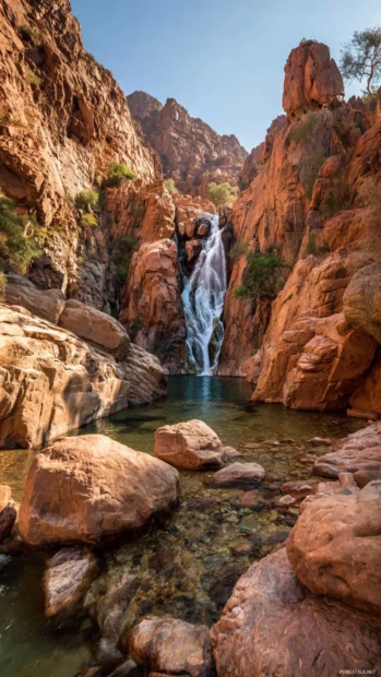 The Waterfall shines beneath the warm afternoon sun, surrounded by rugged canyon walls.