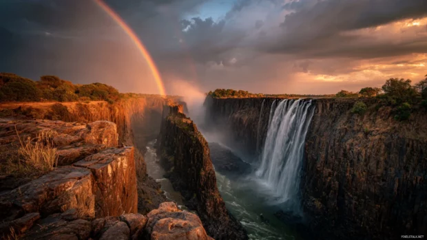 The Waterfall shines under golden sunset light with a vivid rainbow gracing the cloudy sky.