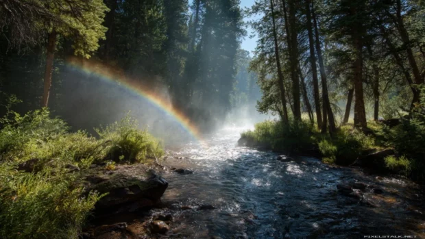 The Waterfall sparkles as morning sunlight creates a delicate rainbow arching through the cascading mist (2).