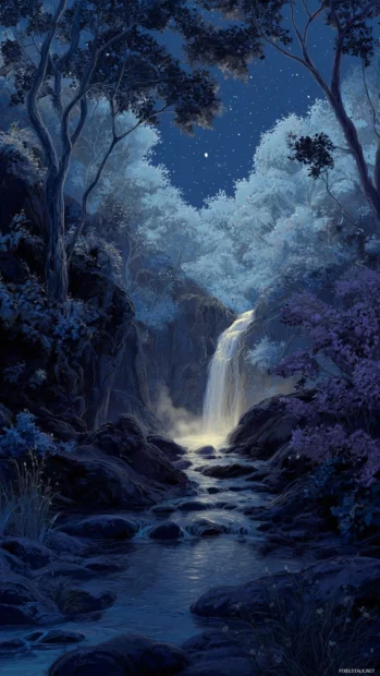 The Waterfall sparkles in the moonlight as cool mist fills the quiet valley.