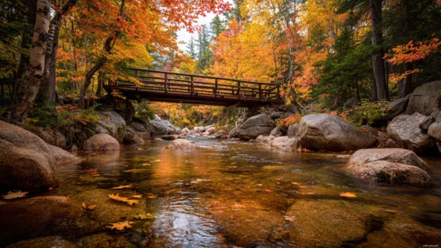 The beauty of fall captured in a rustic wooden bridge crossing a stream, framed by vibrant autumn trees for Macbook.