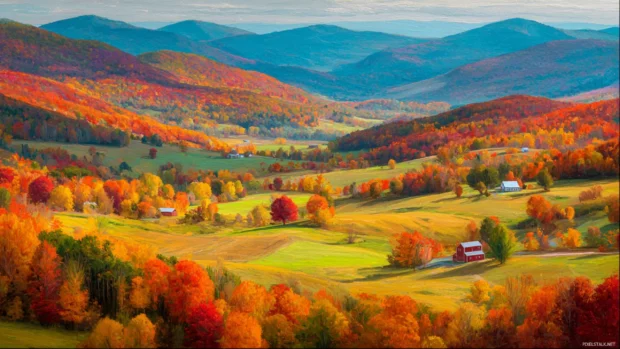The beauty of fall landscape with rolling hills blanketed in vibrant red, orange, and yellow foliage.