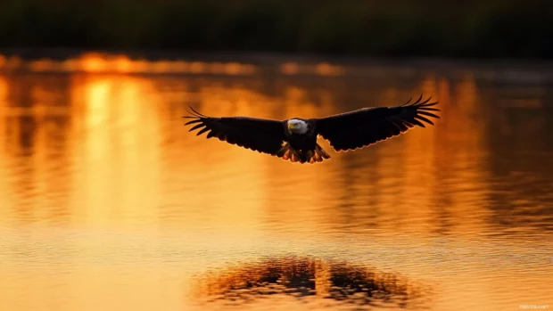 The calm river reflects the flight of a Bald Eagle in sunset hues.