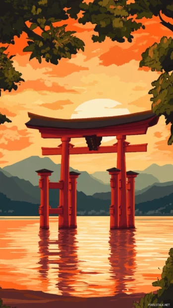 The famous Japan torii gate rising from calm ocean waters under a glowing orange sunset.