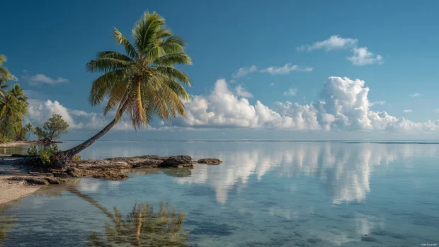 The gentle curve of a Palm tree leaning over the edge of a peaceful lagoon.