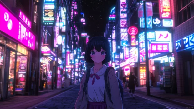 The glowing neon streets of Tokyo Japans Shinjuku district alive with motion and dazzling lights at night.