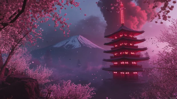 The glowing red pagoda at Chureito Japan overlooking Mount Fuji framed by blooming cherry blossoms.