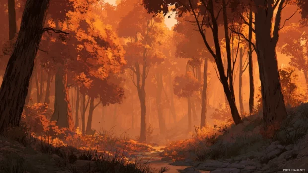 The heart of a fall forest glowing with warm orange tones, peaceful and untouched, perfect for an autumn escape.