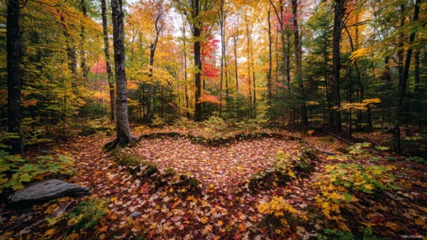 The heart of the forest covered in layers of soft fallen leaves and surrounded by trees in peak fall colors.