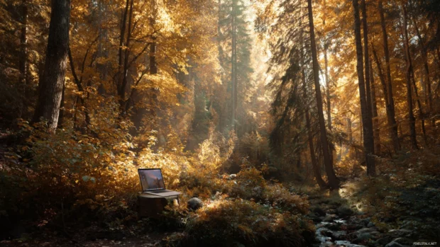 The magic of fall captured in a forest where sunlight filters through golden leaves, creating a peaceful Macbook scene.