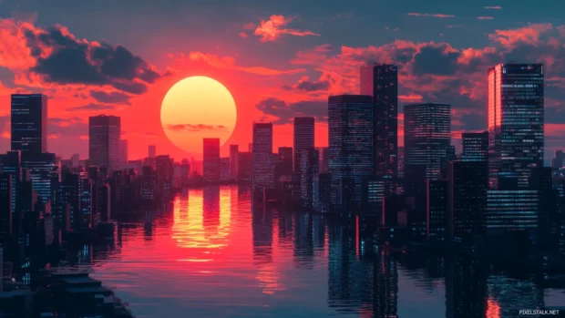 The modern face of Japan with sleek skyscrapers gleaming under a glowing sunset sky.
