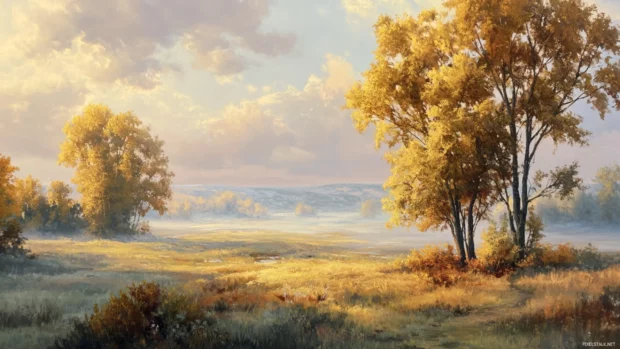 The peaceful embrace of fall displayed in a wide landscape with golden trees gently swaying under the morning breeze.