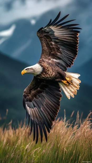 The power of the Eagle captured mid dive over a grassy meadow.