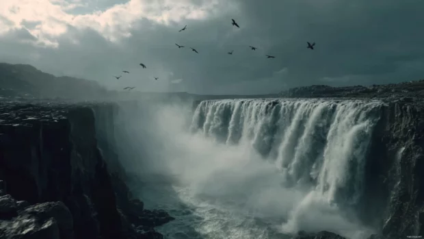 The powerful Waterfall crashes into a rocky basin as birds soar above in vivid 4K natural colors.