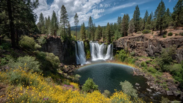 The rainbow arcs perfectly over the Waterfall surrounded by blooming wildflowers and tall pine trees.