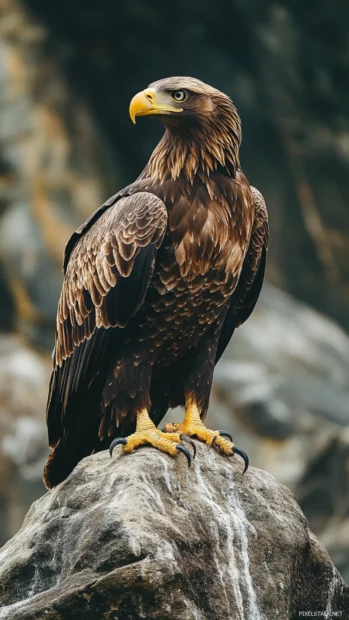 The regal stance of an eagle standing on a cliff edge.