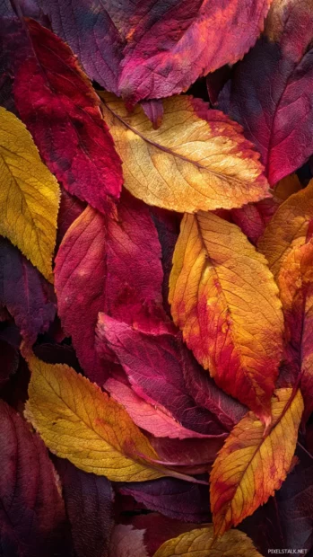 The rich texture of overlapping Fall leaves in deep reds, bright yellows, and warm oranges.