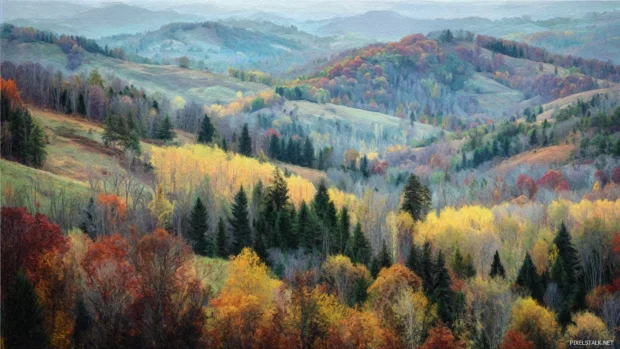 The rich textures and colors of a fall forest displayed in a panoramic view of layered trees and rolling hills.