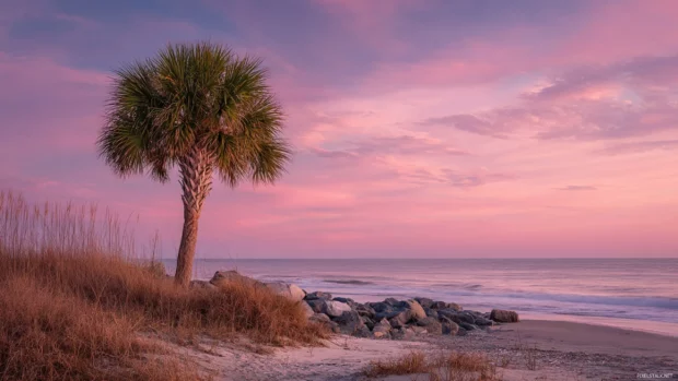 The soft pink tones of the evening sky framing a solitary palm tree on a quiet shoreline.