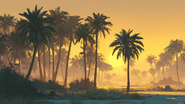 The sun setting behind a lush palm tree grove, casting rich golden tones over the calm tropical beach.