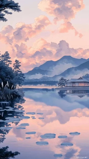 The tranquil shores of Japans Lake Biwa reflecting pale pink clouds and distant mountain peaks.