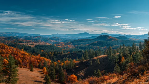 The vivid charm of fall captured in a panoramic landscape of forested hills and distant mountains under a clear sky.
