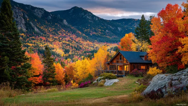 The warm colors of fall surrounding a mountain cabin, perfectly blending into the peaceful autumn landscape.