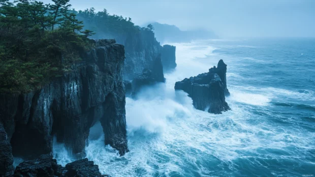 The wild rugged cliffs along Japans Sanriku Coast where crashing waves meet dramatic rock formations.