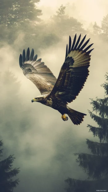 Through the dense fog, the Eagle emerges with grace and strength.