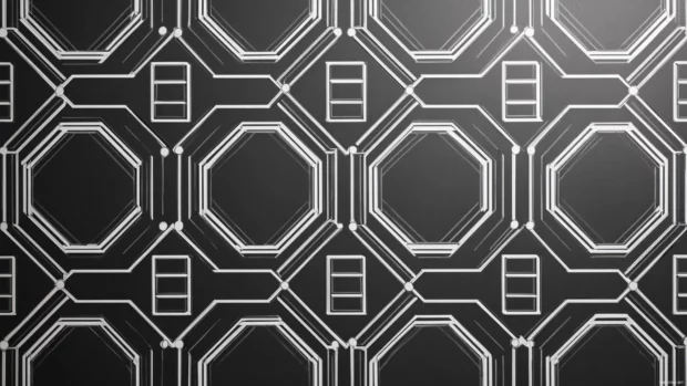 Tiled Black and White Geometric wallpaper featuring interlocked octagons and fine linework.