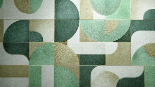Tiled Green Geometric wallpaper inspired by retro design with subtle paper like texture.