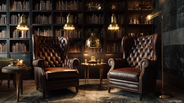 Timeless Luxury with vintage leather armchairs, dark wooden shelves and soft golden lighting.