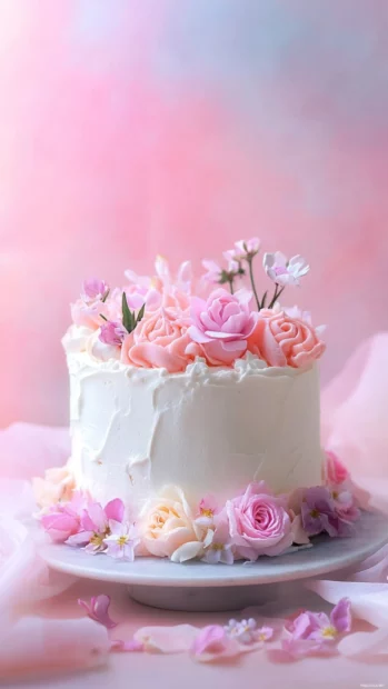 Tiny Birthday Cake with floral touches and a soft gradient background.