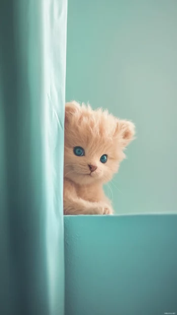 Tiny Teddy Bear peeking from the corner, pastel backdrop.