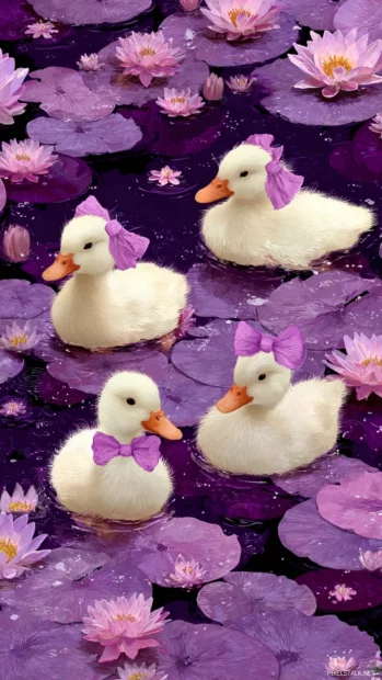 Tiny ducks wearing bows in a pond filled with Cute Lavender lily pads.