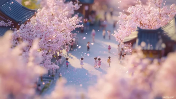 Tiny pastel blossoms swirl through a cute japan park where anime children chase each other happily.