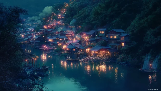 Tiny pastel lights twinkle over a cute japan anime village preparing for a night festival.