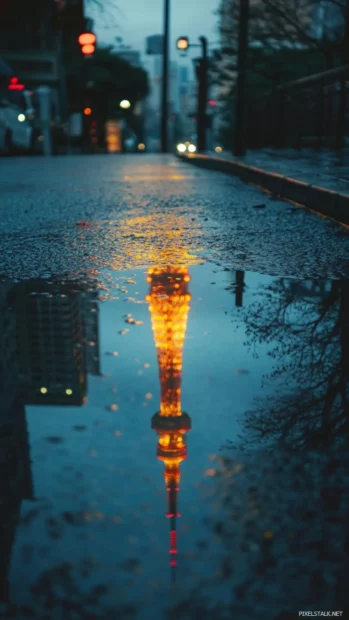 Tokyo Tower reflected in a small puddle on a rainy evening with gentle city sounds.