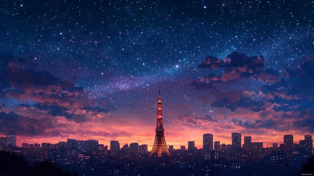 Tokyo Tower stands tall against a starry sky casting a soft glow over the surrounding cityscape.