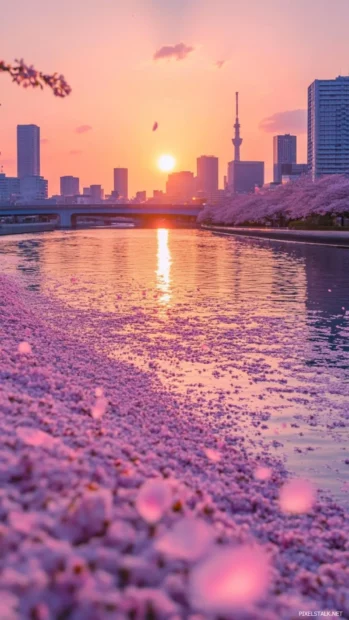 Tokyo cherry blossom petals floating gently over the Sumida River at sunset.