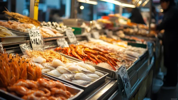 Tokyo fish market bustling with early morning activity and fresh seafood displays.