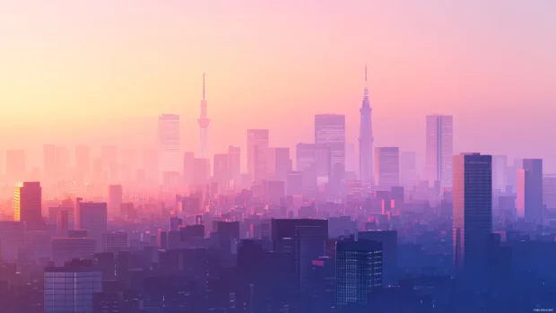 Tokyo skyline at dawn as the first light of morning softly touches the tops of skyscrapers.