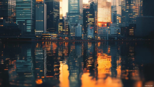 Tokyo skyline during golden hour with reflections in the Sumida River.